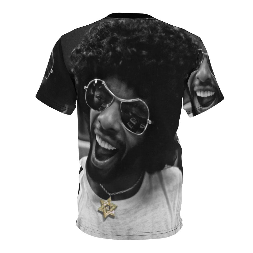 Artistic Tribute to Sly Stone's Music Studio AOP T-Shirt featuring black and white photography, selective color, and music-inspired elements - Back