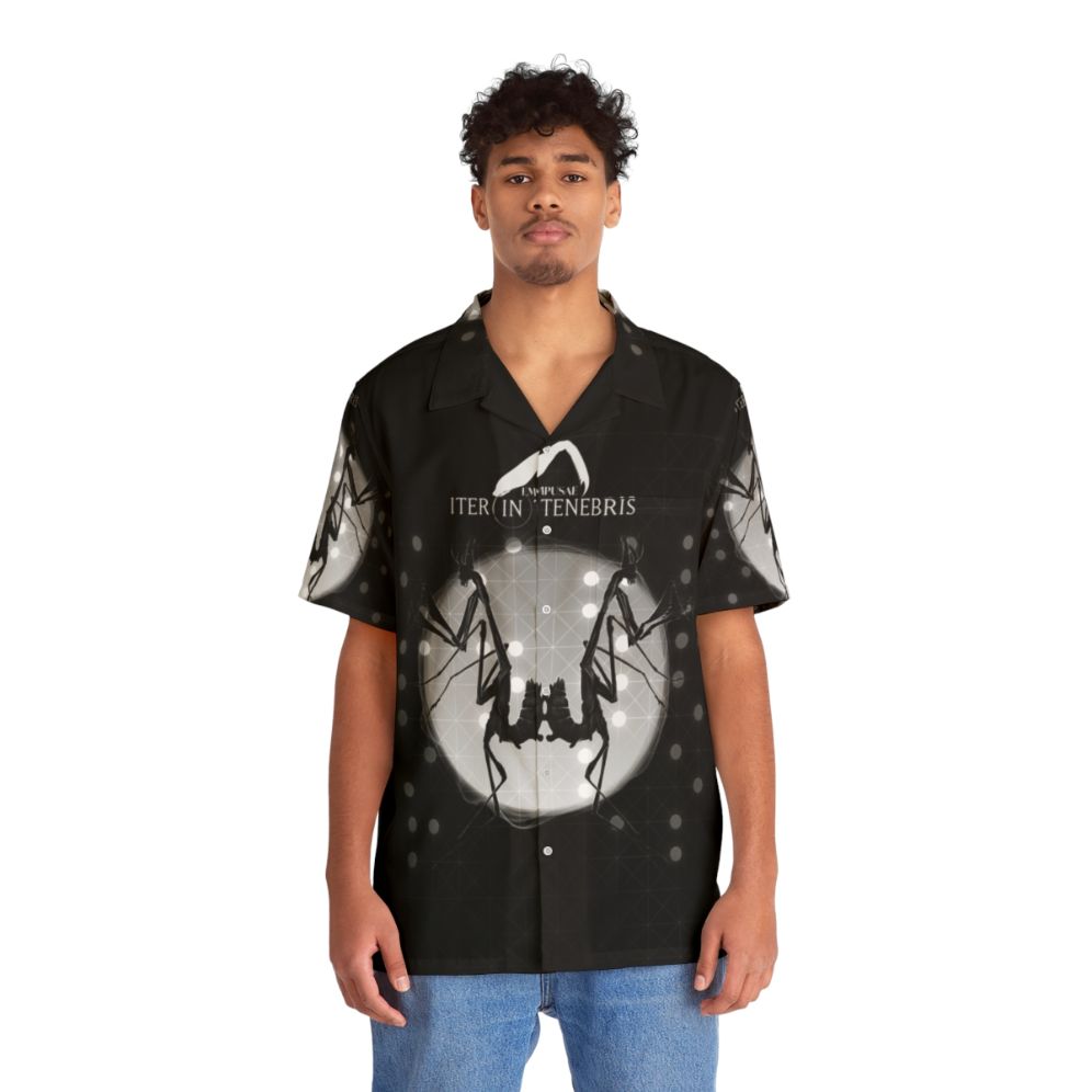 Dark Hawaiian shirt with insect and ambient music design - People Front