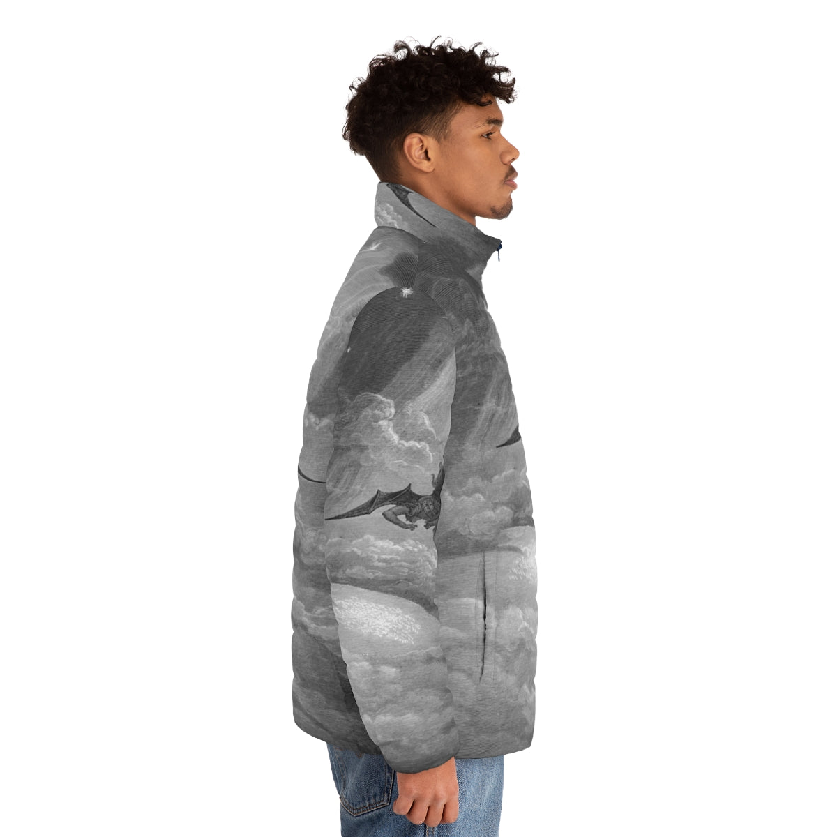 Puffer jacket featuring Gustave Dore's 'Satan Falls to Earth' woodcut artwork - men side right