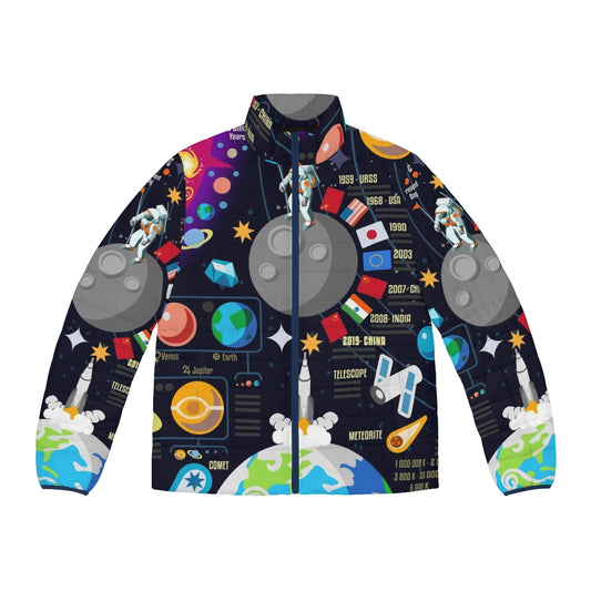 Space-inspired puffer jacket with infographic design of the universe and big bang