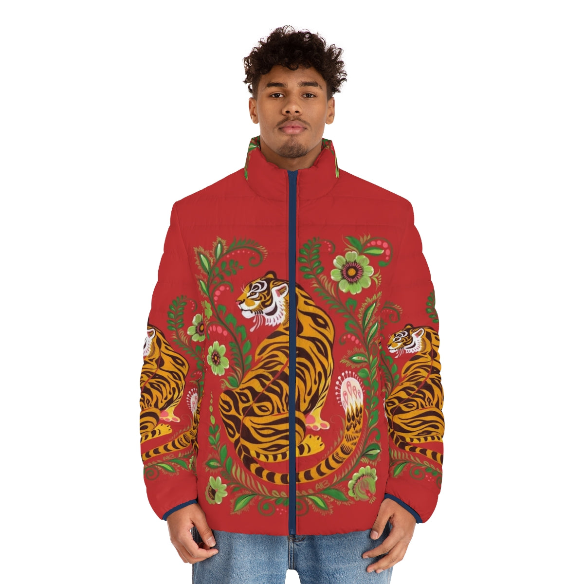 Tiger Folk Art Puffer Jacket with Decorative Wildlife Design - men front