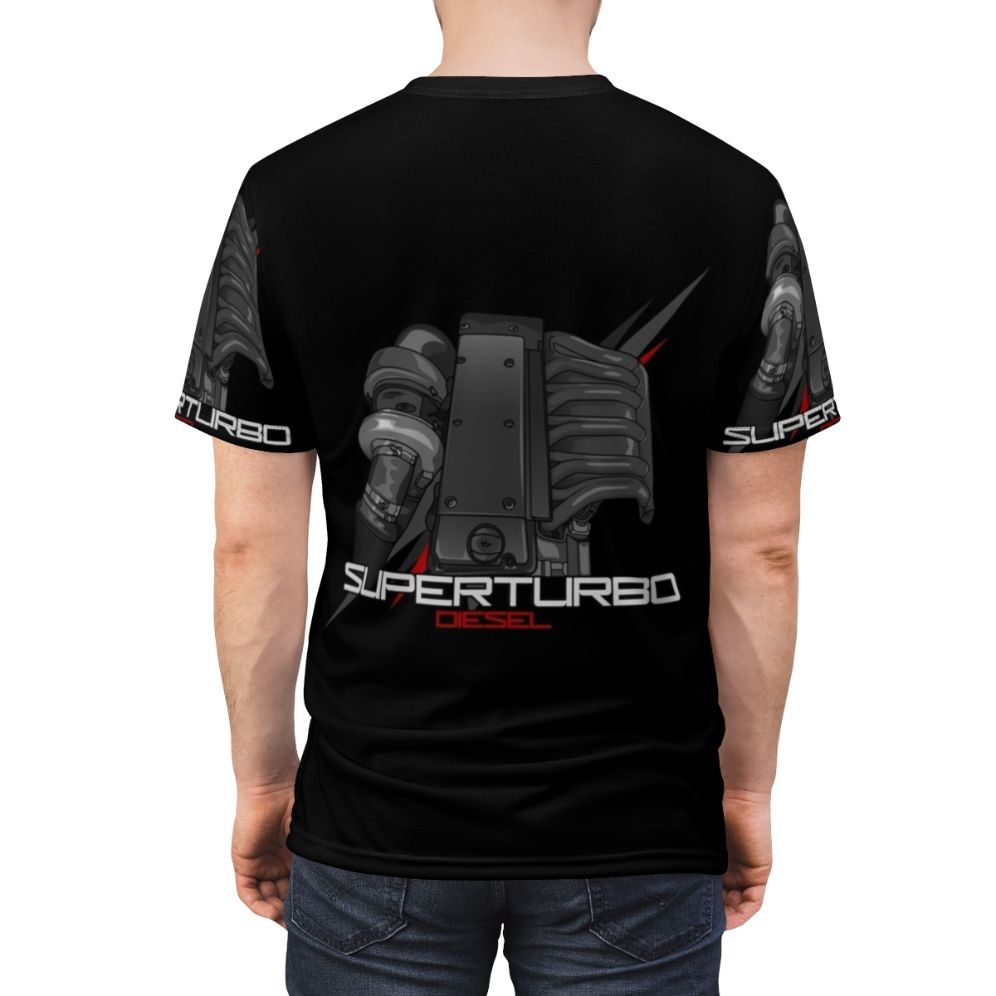 Graphic T-Shirt featuring a vintage Mercedes-Benz diesel turbo engine design - men back