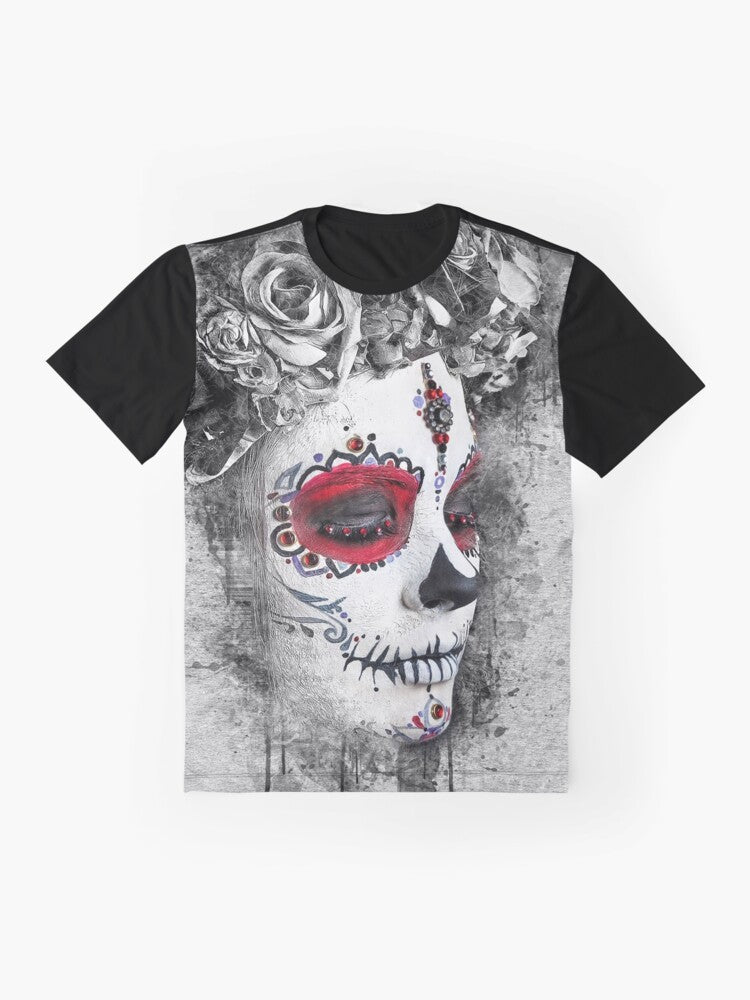 Boho-inspired graphic t-shirt featuring a sugar skull design in watercolor floral wreath - Flat lay