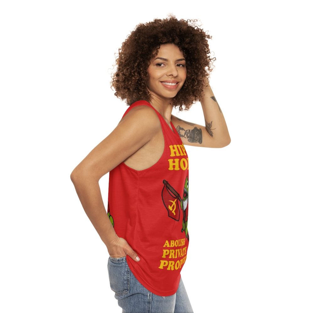 Unisex tank top with "Hippity Hoppity Abolish Private Property" design - women side