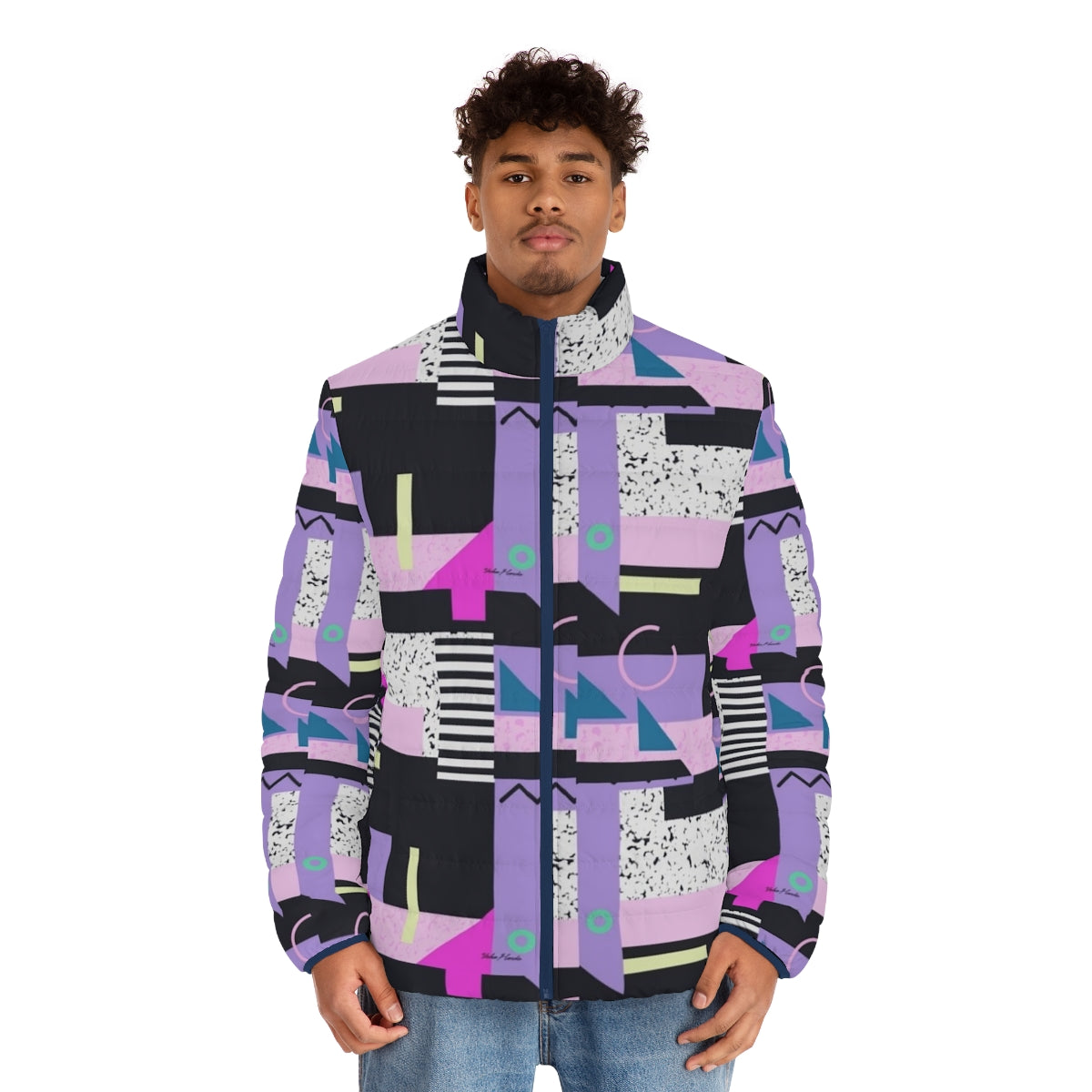 Aesthetic 90s vaporwave-inspired puffer jacket with repeating pattern design - men front