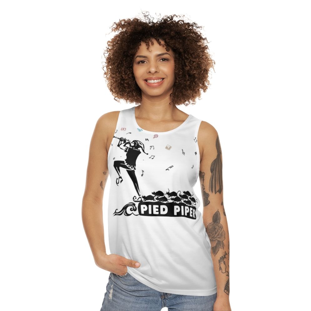 Pied Piper unisex tank top featuring a monotone, black and white design inspired by the classic fairy tale - women