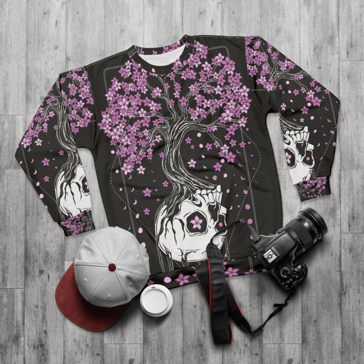 Afterlife Skull Sweatshirt with Cherry Blossom Floral Design - flat lay