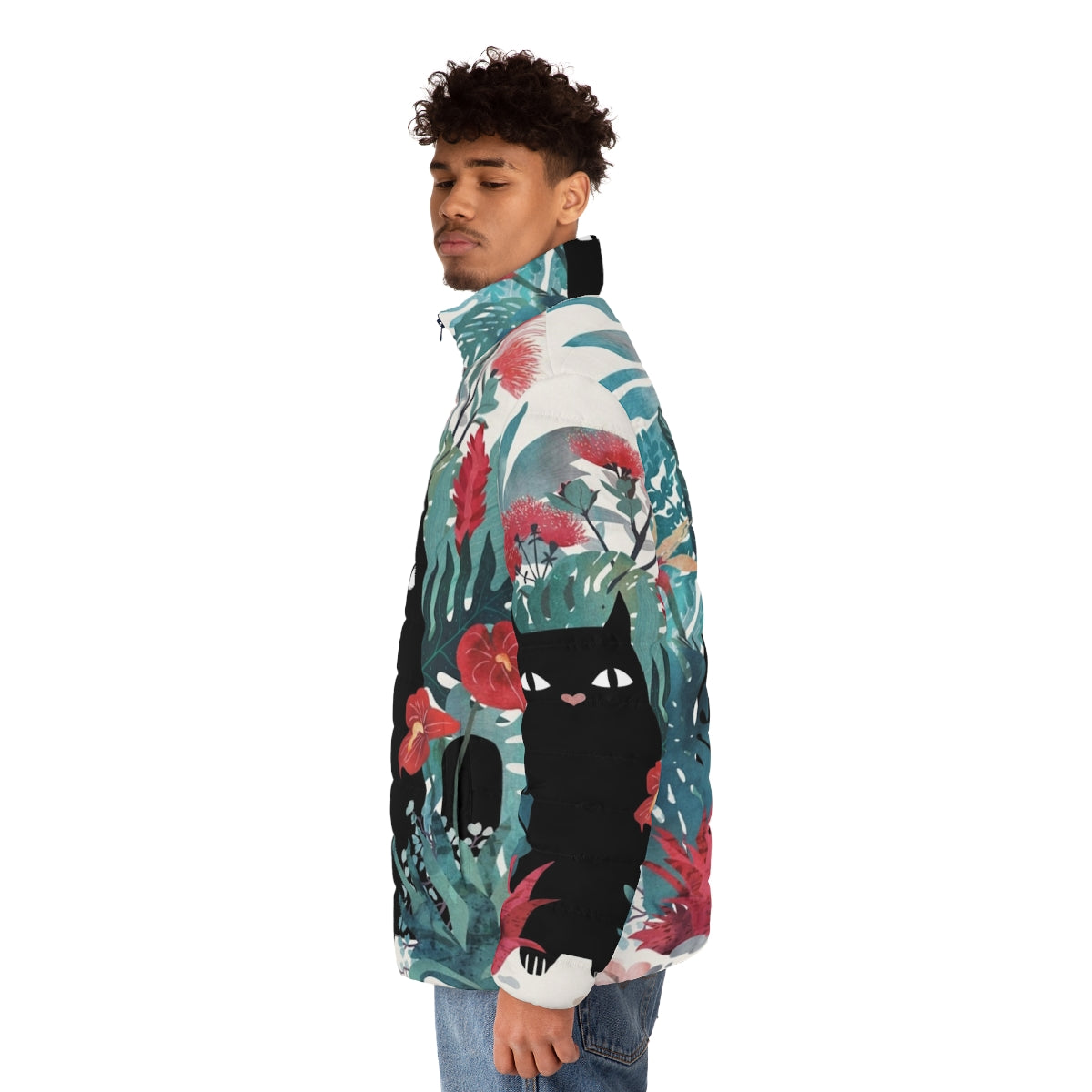 Black cat wearing a puffer jacket with tropical floral design - men side left