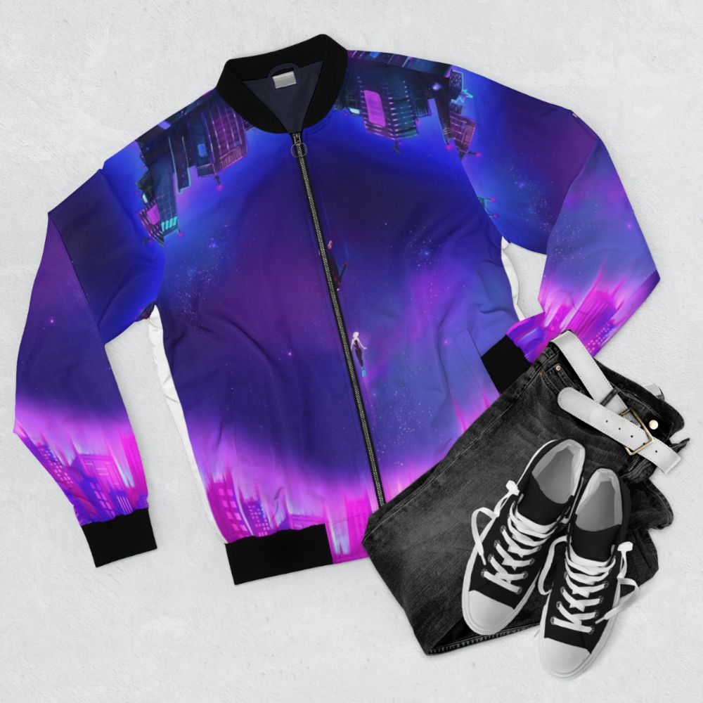 Spider-Verse Miles Morales and Gwen Stacy Bomber Jacket with comic-inspired graphics - Flat lay