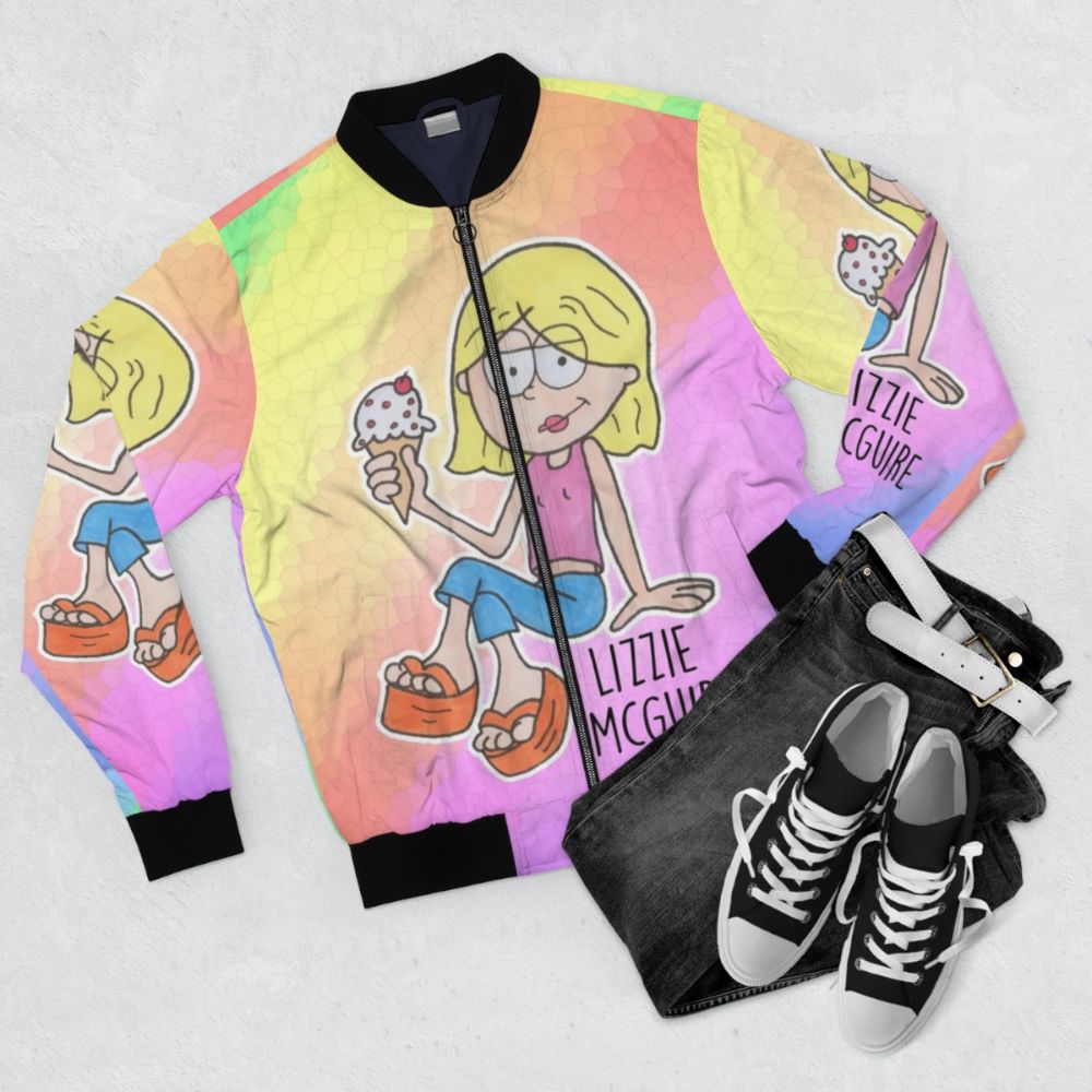 Lizzie McGuire inspired bomber jacket with cartoon characters and quotes - Flat lay