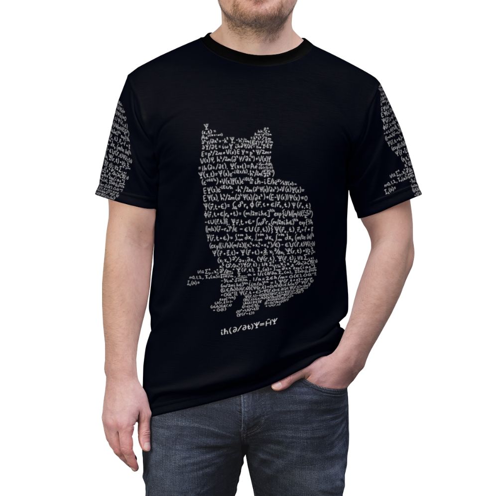 A high-quality t-shirt featuring a design of Schrodinger's cat, a famous thought experiment in quantum physics. - men front