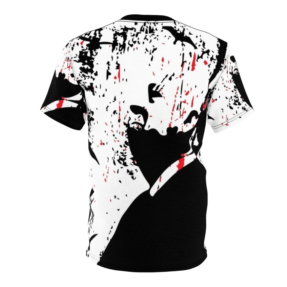 Vintage-style t-shirt design featuring Alfred Hitchcock, the master of suspense - Back