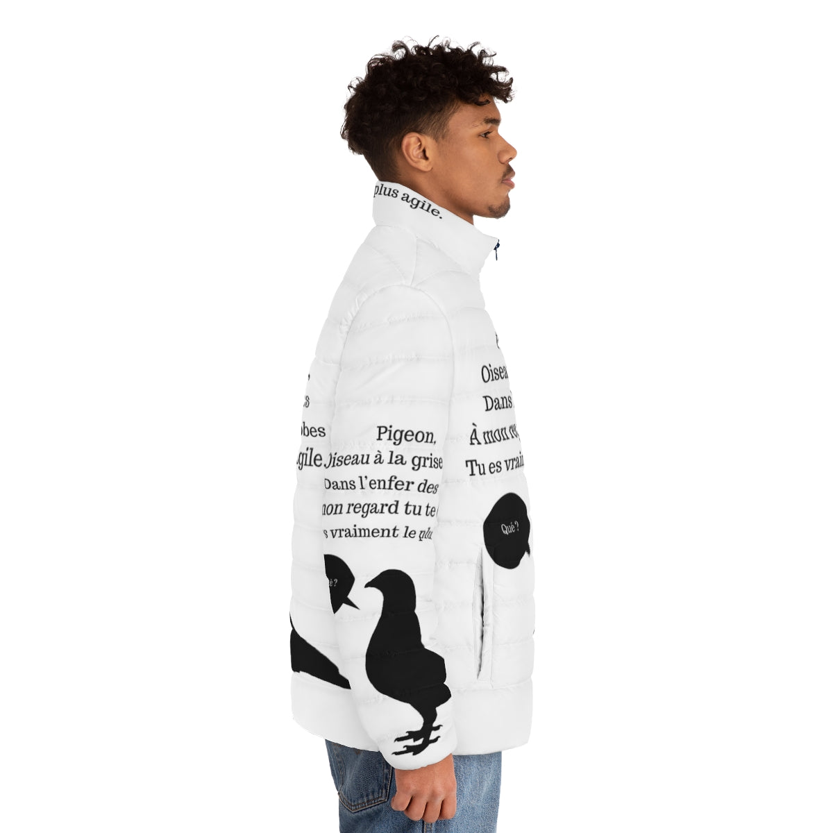 A black and white puffer jacket with the French quote "C'est Arrivé Près de Chez Vous" printed on it. - men side right