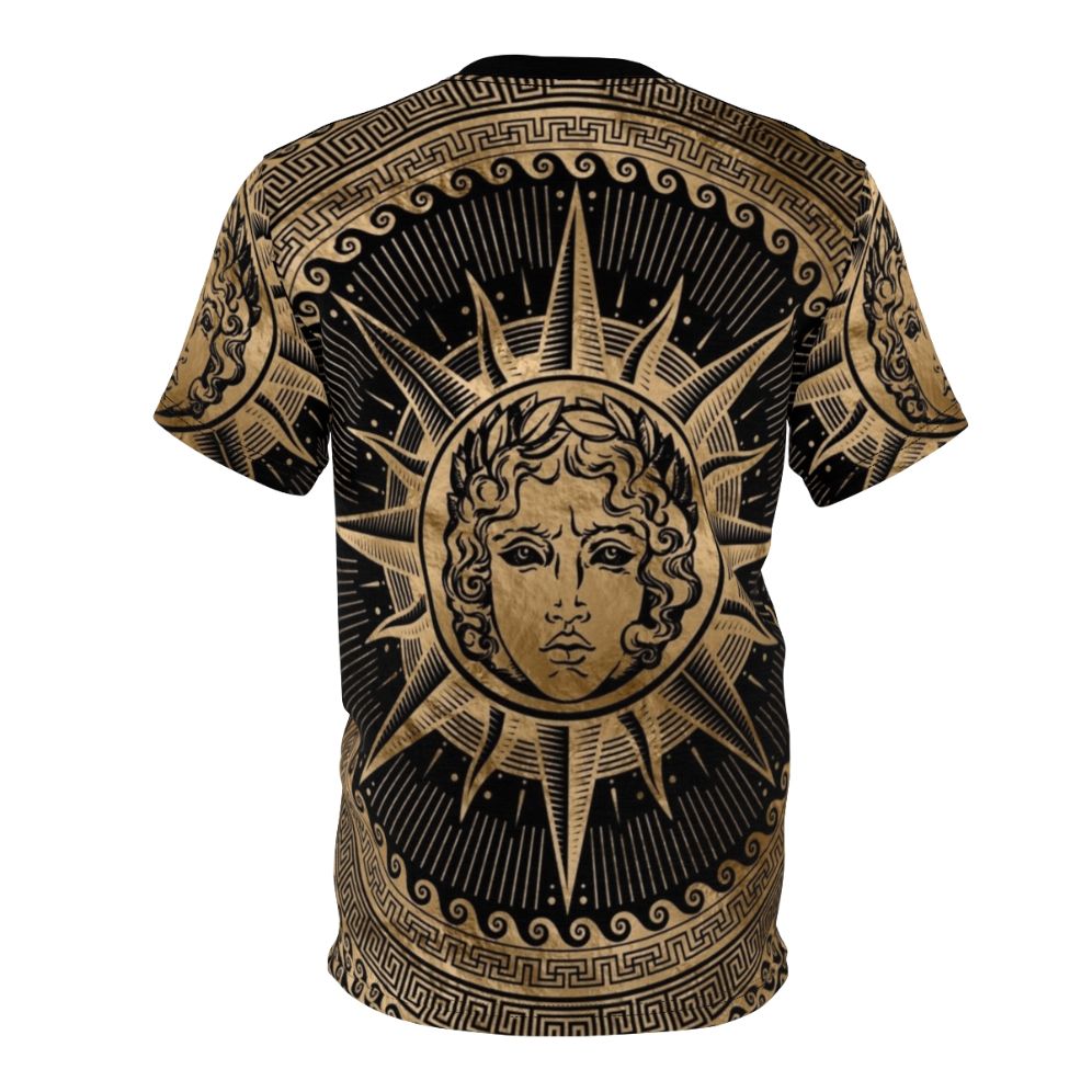 T-shirt featuring a golden depiction of the Greek sun god Apollo with a classical Greek key ornament pattern - Back