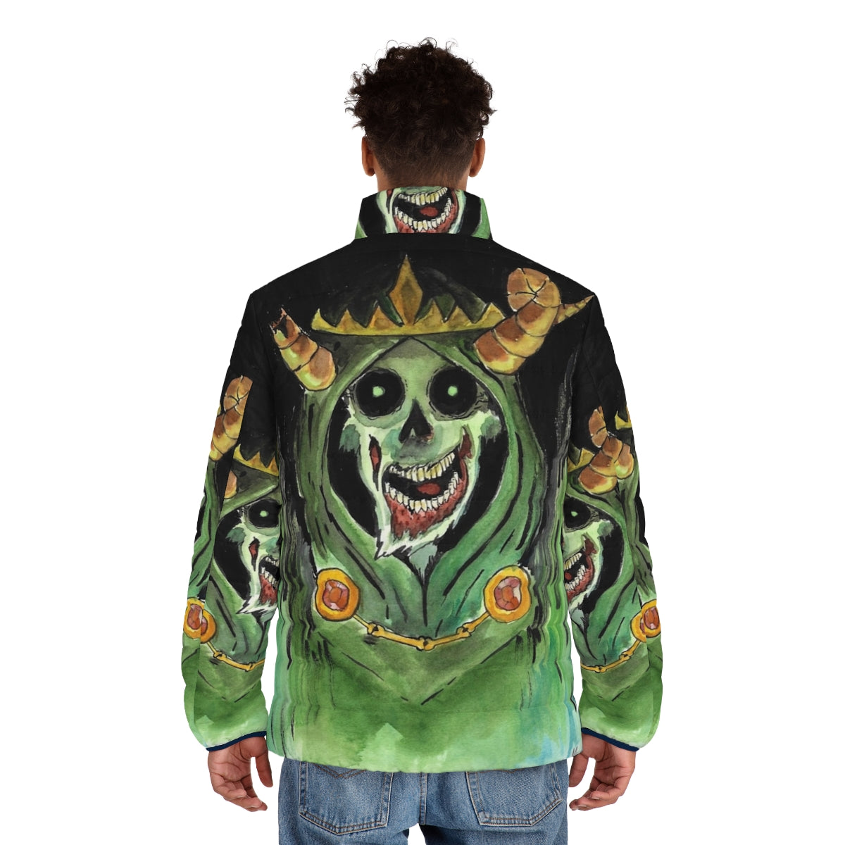 A puffer jacket with a lich or undead skull design, perfect for horror and fantasy enthusiasts - men back