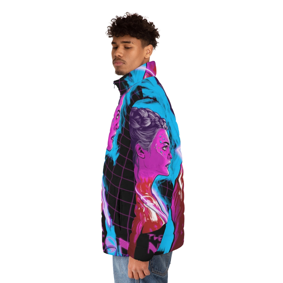 Neon Demon Puffer Jacket - A vibrant, futuristic puffer jacket inspired by the cult classic film - men side left