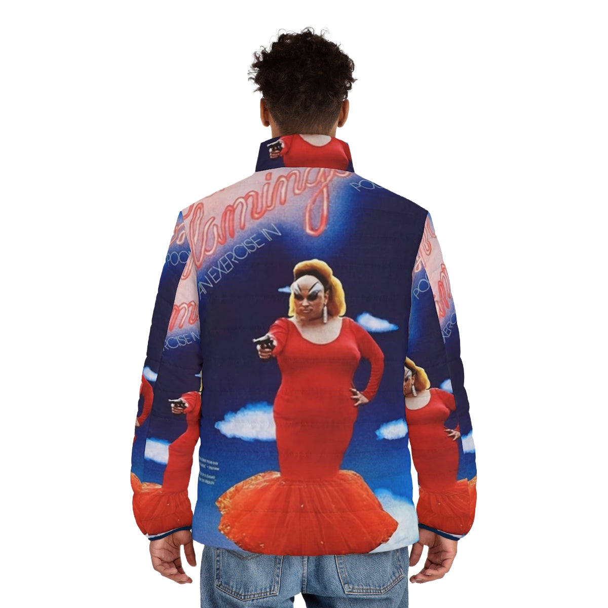 Pink flamingos puffer jacket with John Waters movie meme design - men back