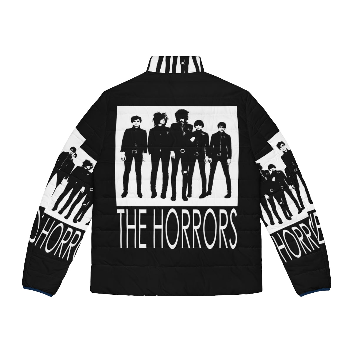 A black puffer jacket featuring the logo and branding of the horror punk band The Horrors - Back