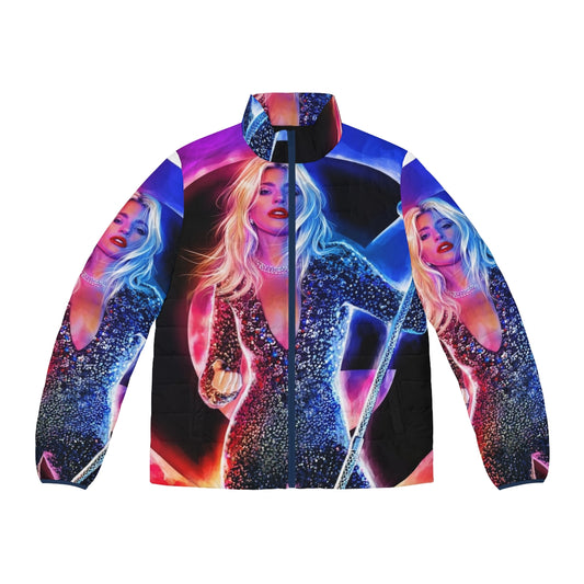 Neon puffer jacket with music-themed design