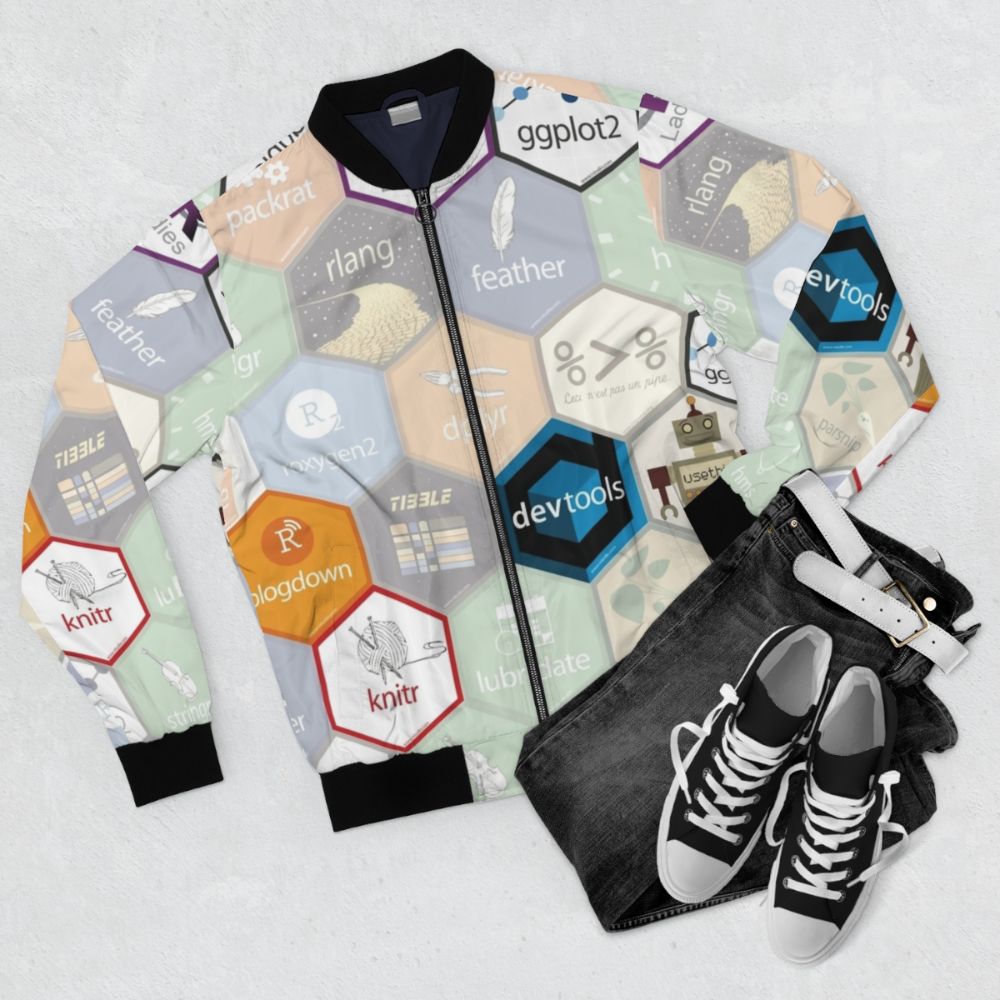 Hex design bomber jacket with large hexagonal patterns, perfect for R programming enthusiasts - Flat lay