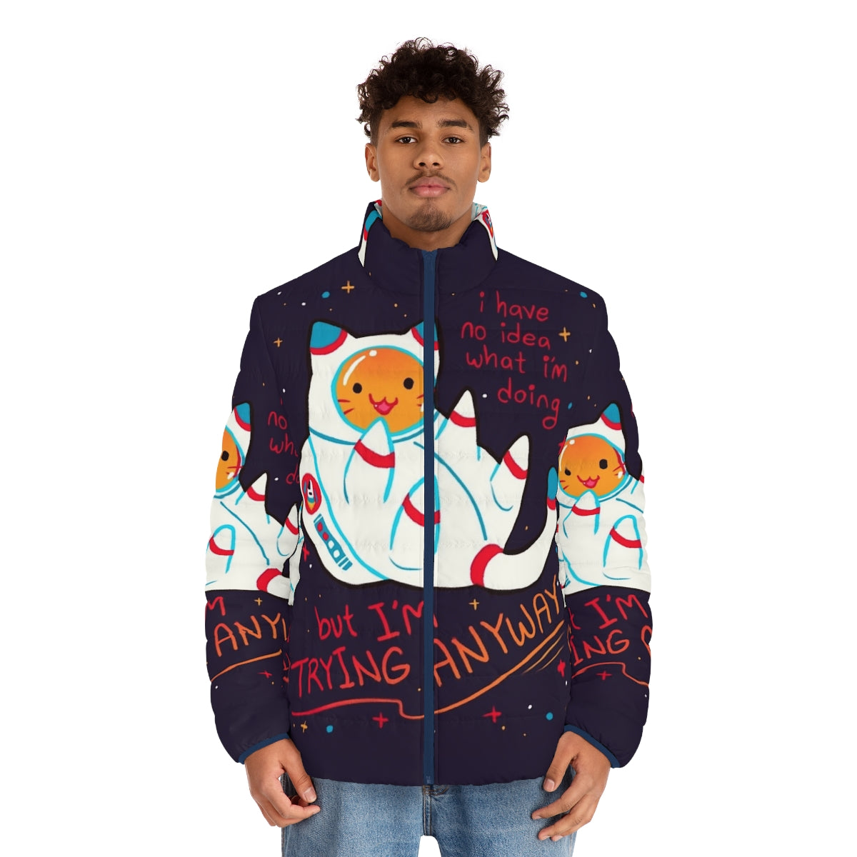 Cozy and stylish cat astronaut puffer jacket with inspirational positive affirmations - men front