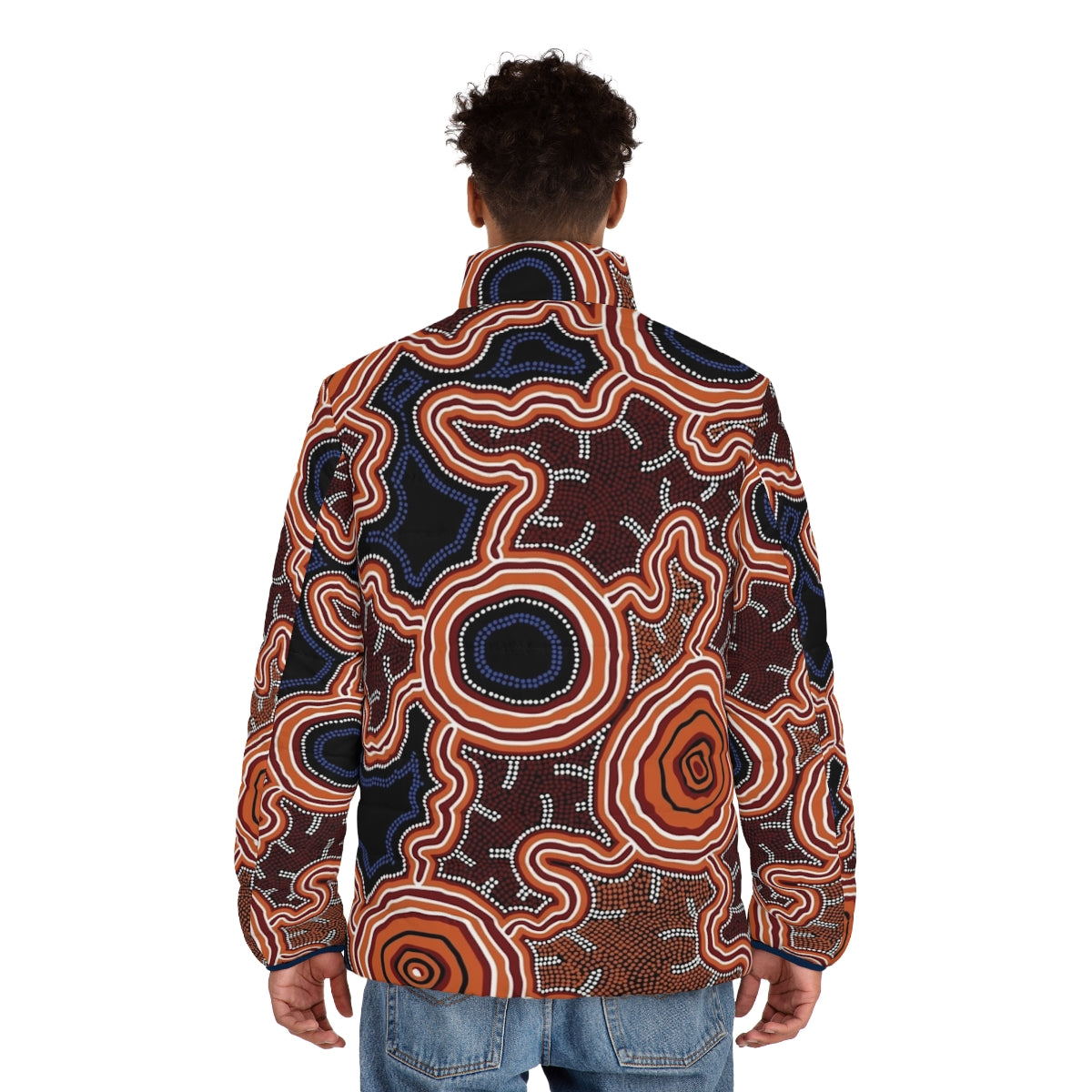 Authentic Aboriginal Art Puffer Jacket featuring traditional Australian indigenous designs - men back