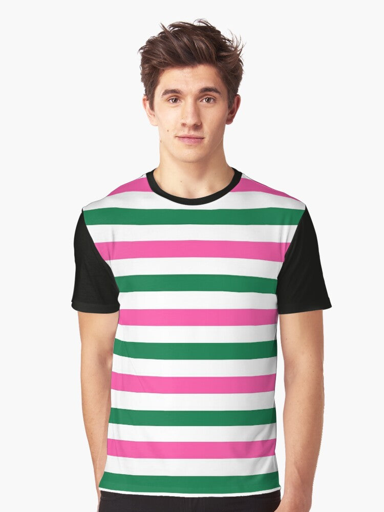 Stripy deckchair graphic t-shirt in forest green and hot pink colors - Men