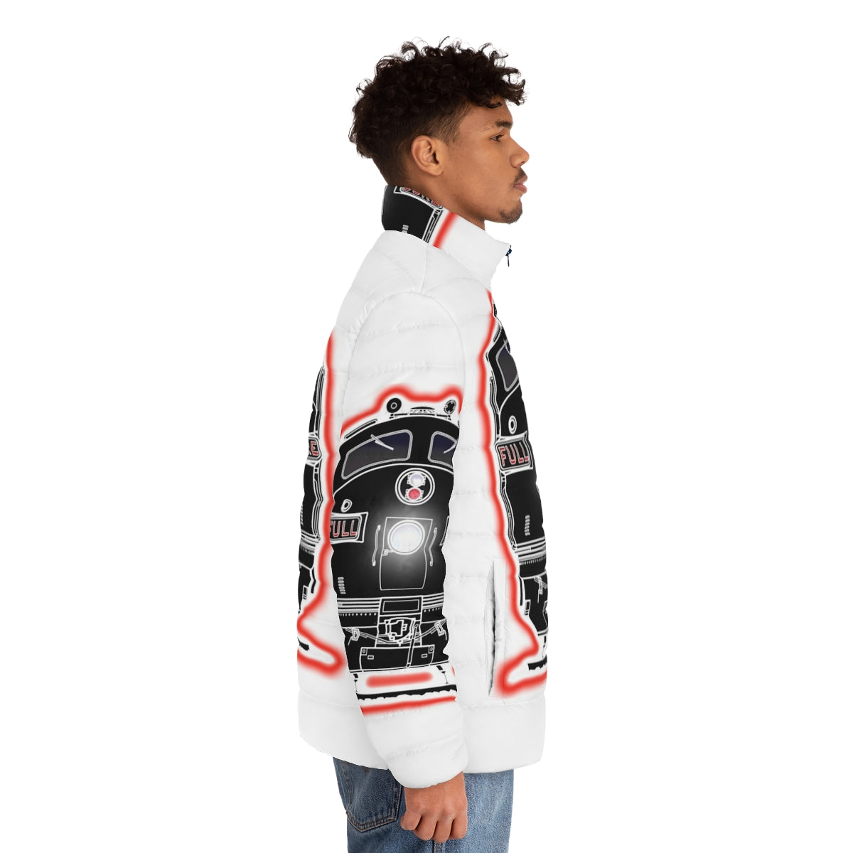 Diesel locomotive puffer jacket with railroad and train graphics - men side right