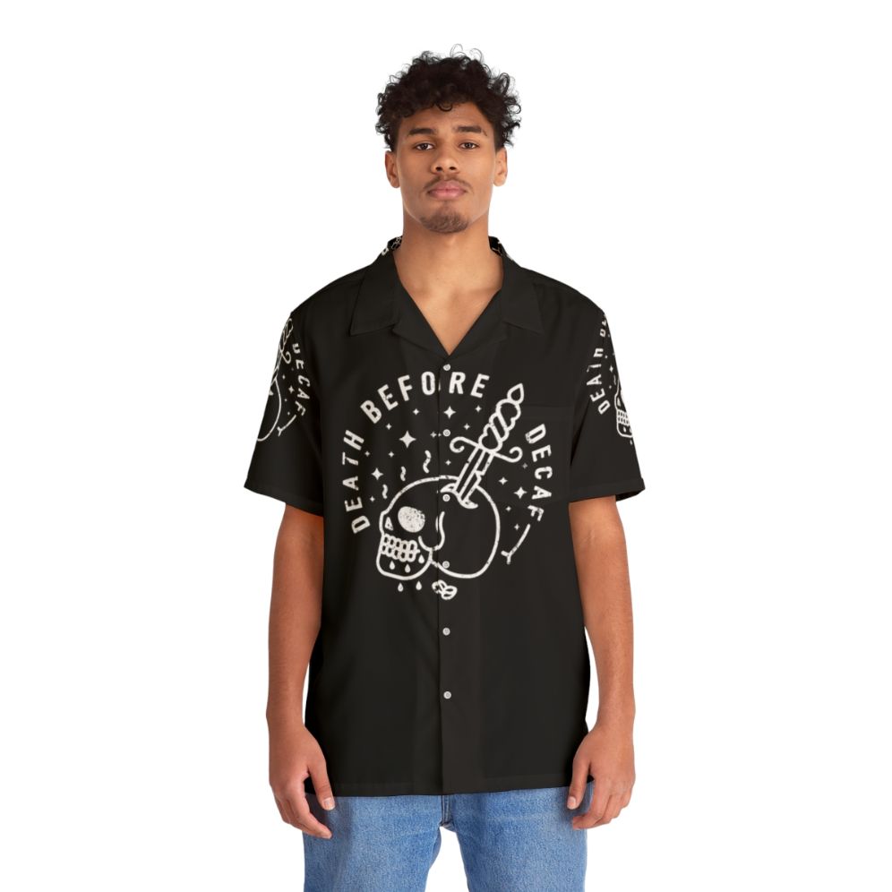 "Death Before Decaf" Hawaiian Shirt with Skull Design - People Front