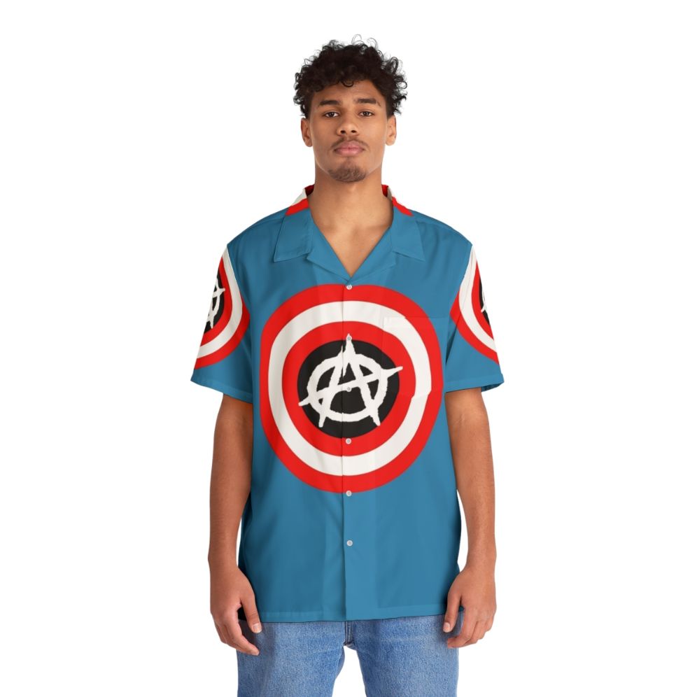 Captain Anarchy Hawaiian Shirt featuring a Marvel Comics superhero parody design - People Front