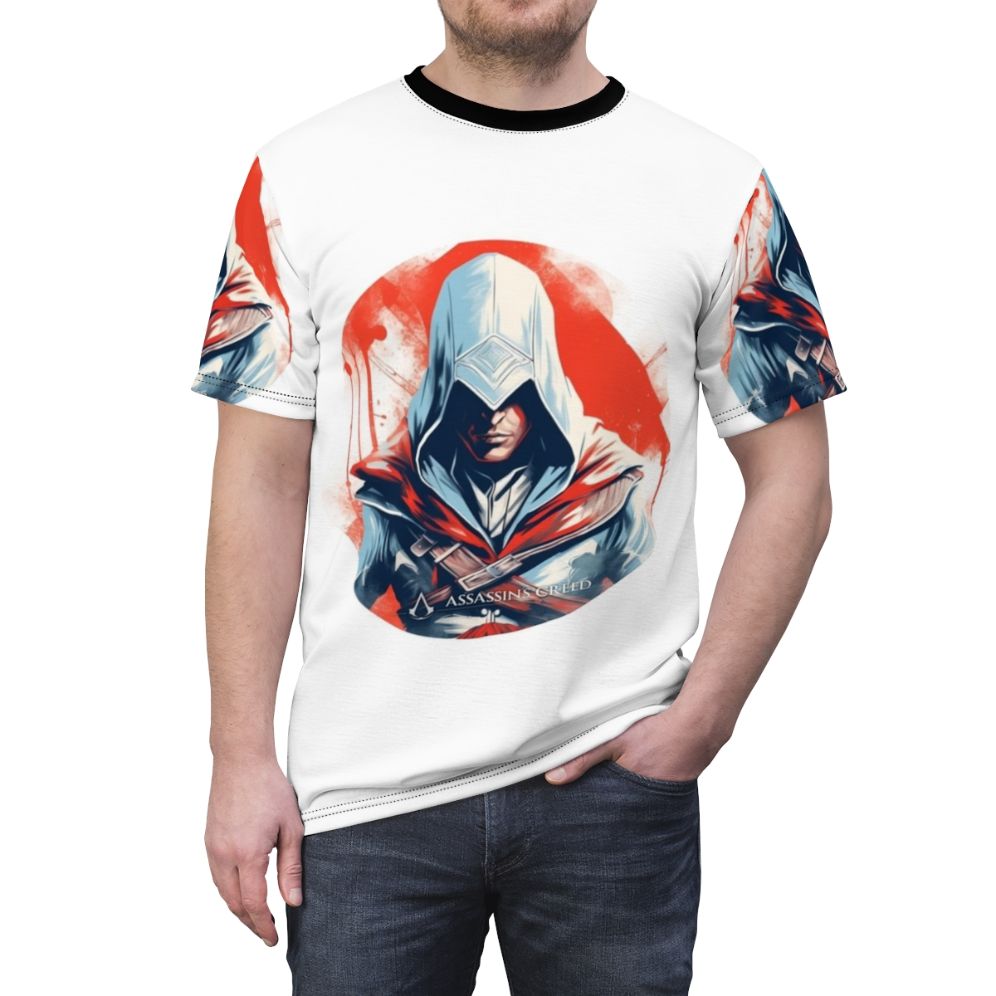 Assassin's Creed inspired medieval fantasy warrior computer painting graphic on a t-shirt. - men front