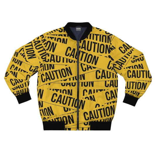 Caution bomber jacket with police tape design and warning graphics