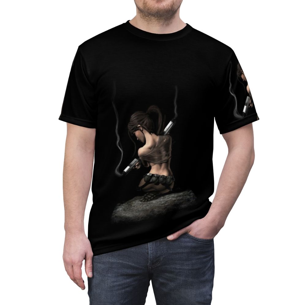 Adventure-inspired graphic tee featuring Lara Croft-style silhouette and tomb raider-themed design - men front