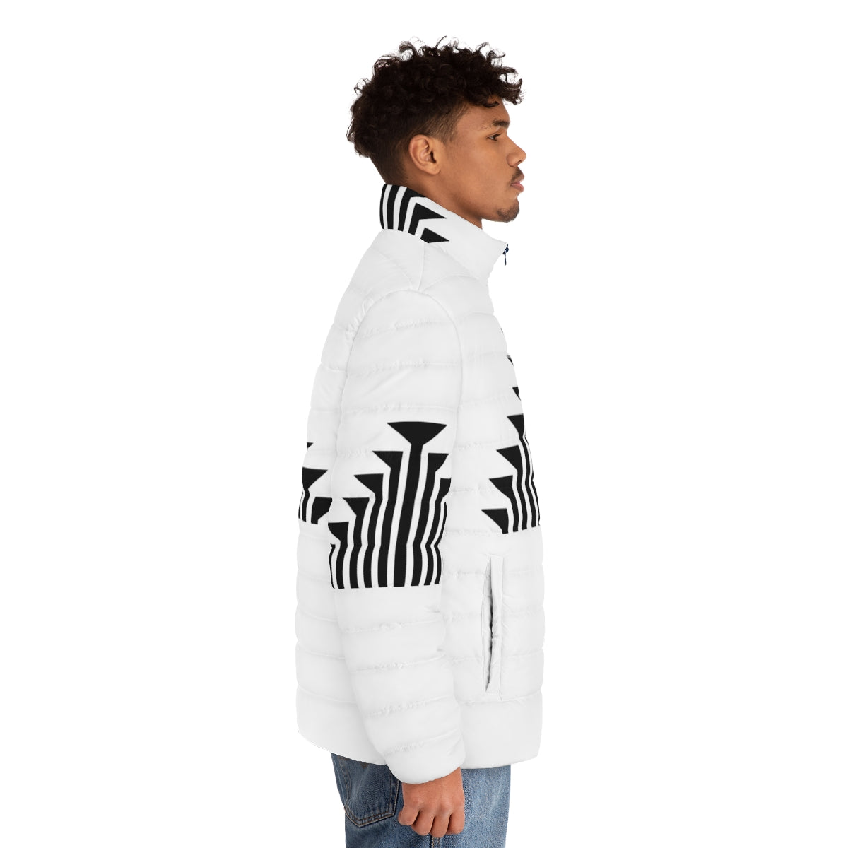 Klamath Tribes Design Black Puffer Jacket with Native American Tribal Flair - men side right