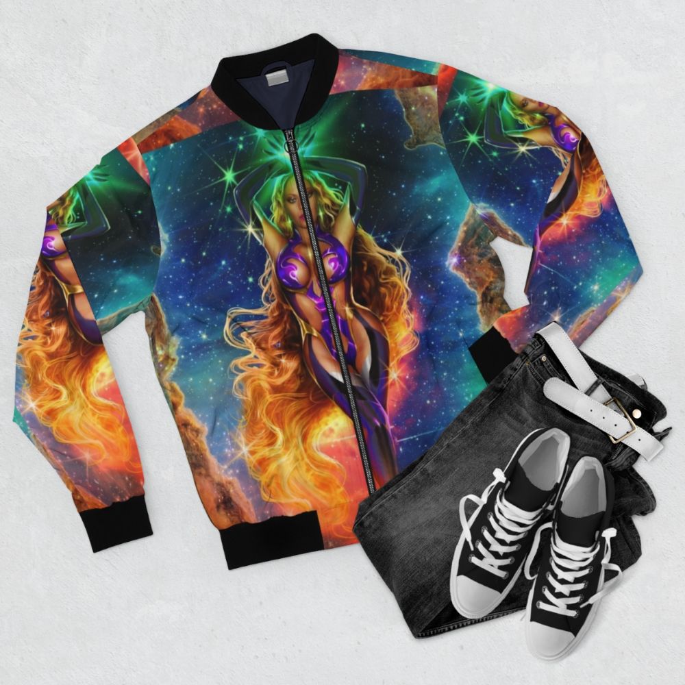 Alien Superstar Bomber Jacket with cosmic design featuring stars, fire, and purple and orange accents - Flat lay