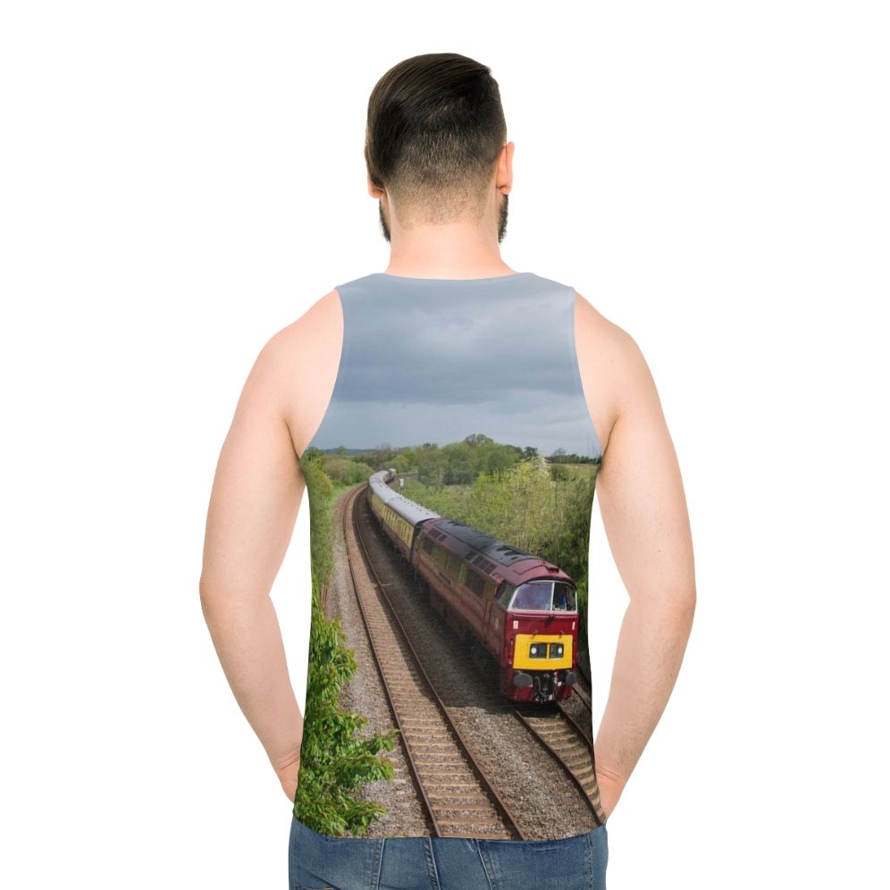 Unisex tank top with railway and western design - men back