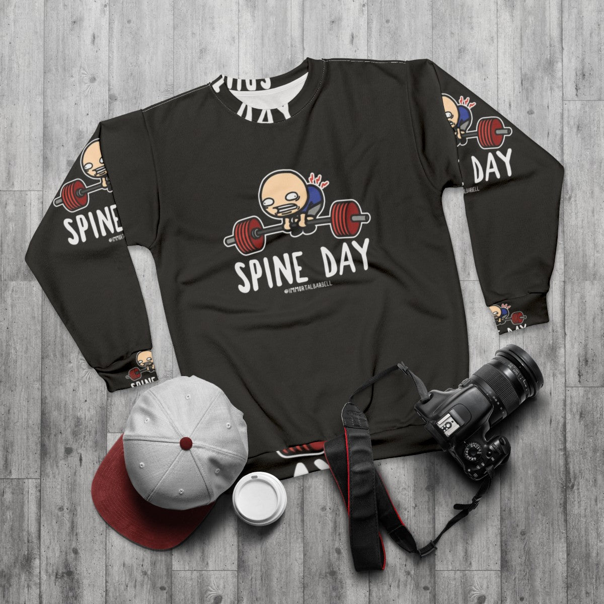 Spine Day Sweatshirt with Fitness and Bodybuilding Graphic - flat lay