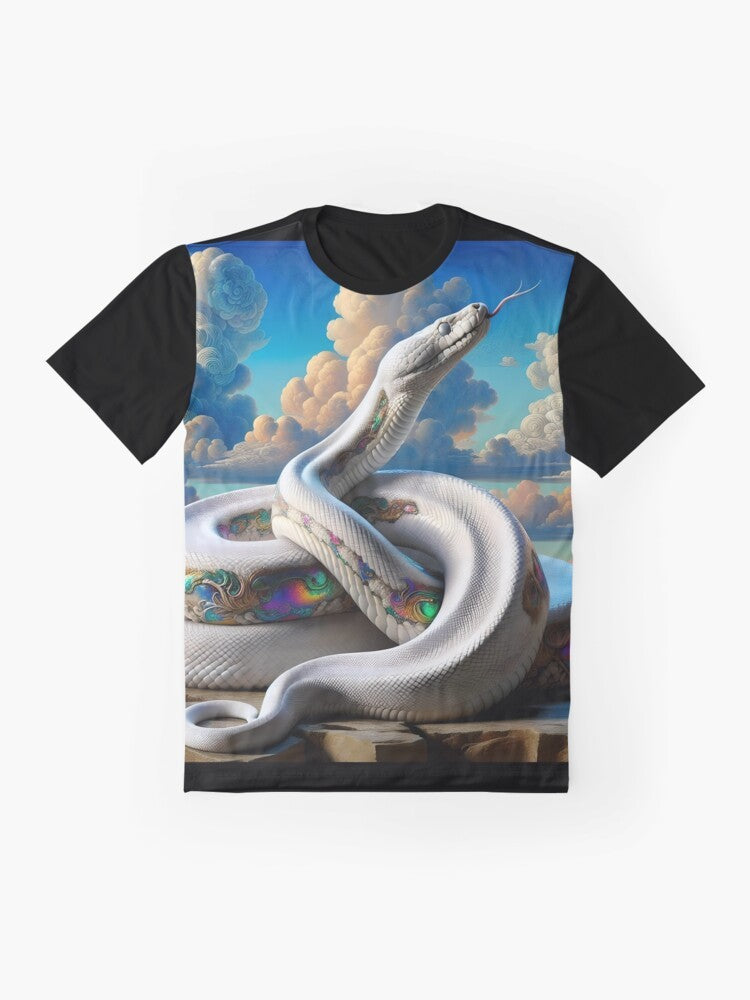 Damballah and Ayida-Weddo, the serpent and rainbow loa of Voodoo and Hoodoo, depicted in a graphic design on a t-shirt. - Flat lay