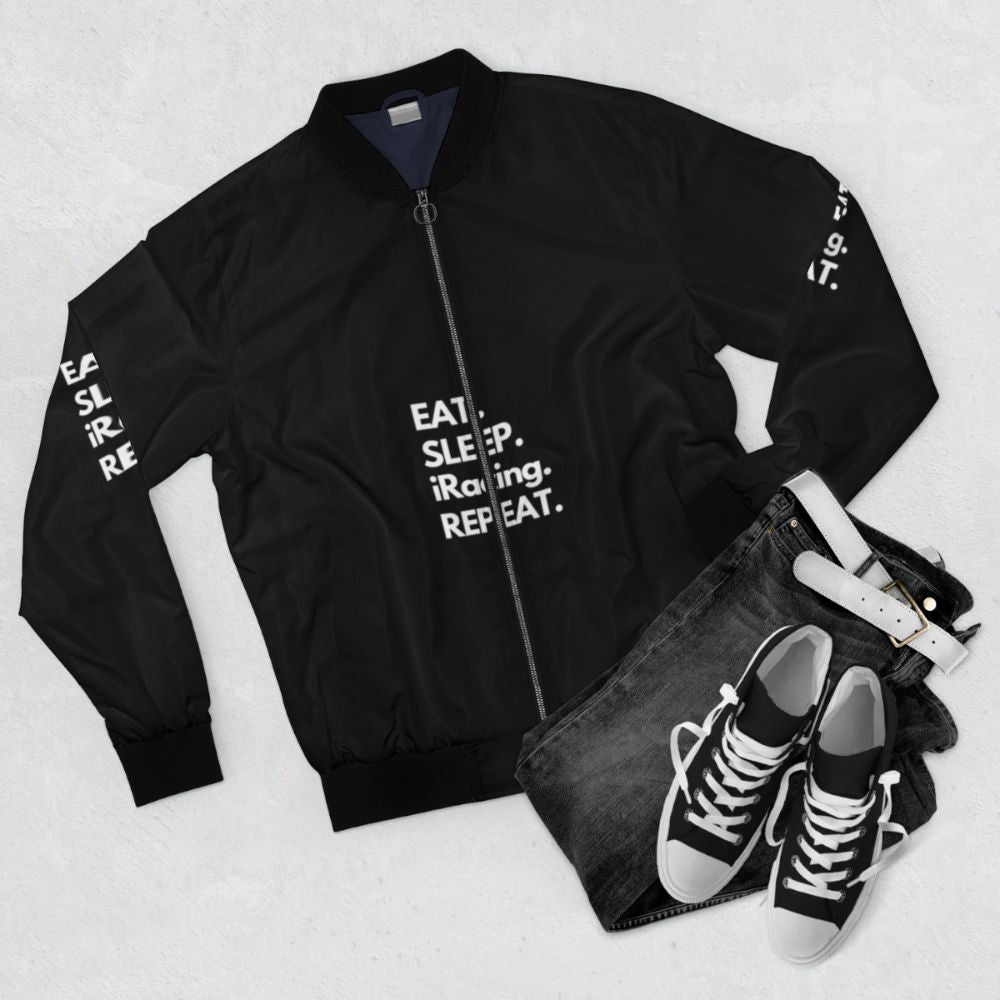 Iracing Eat Sleep Repeat Bomber Jacket - Gaming and Sim Racing Jacket - Flat lay