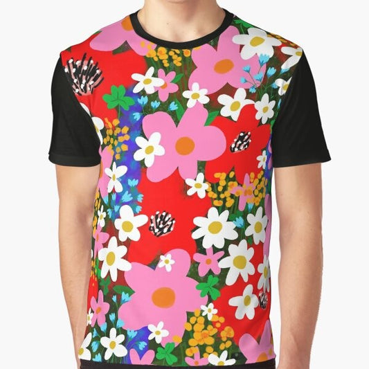 Colorful floral graphic design with flowers, daisies, and 1960s/1970s "flower power" style on a t-shirt.