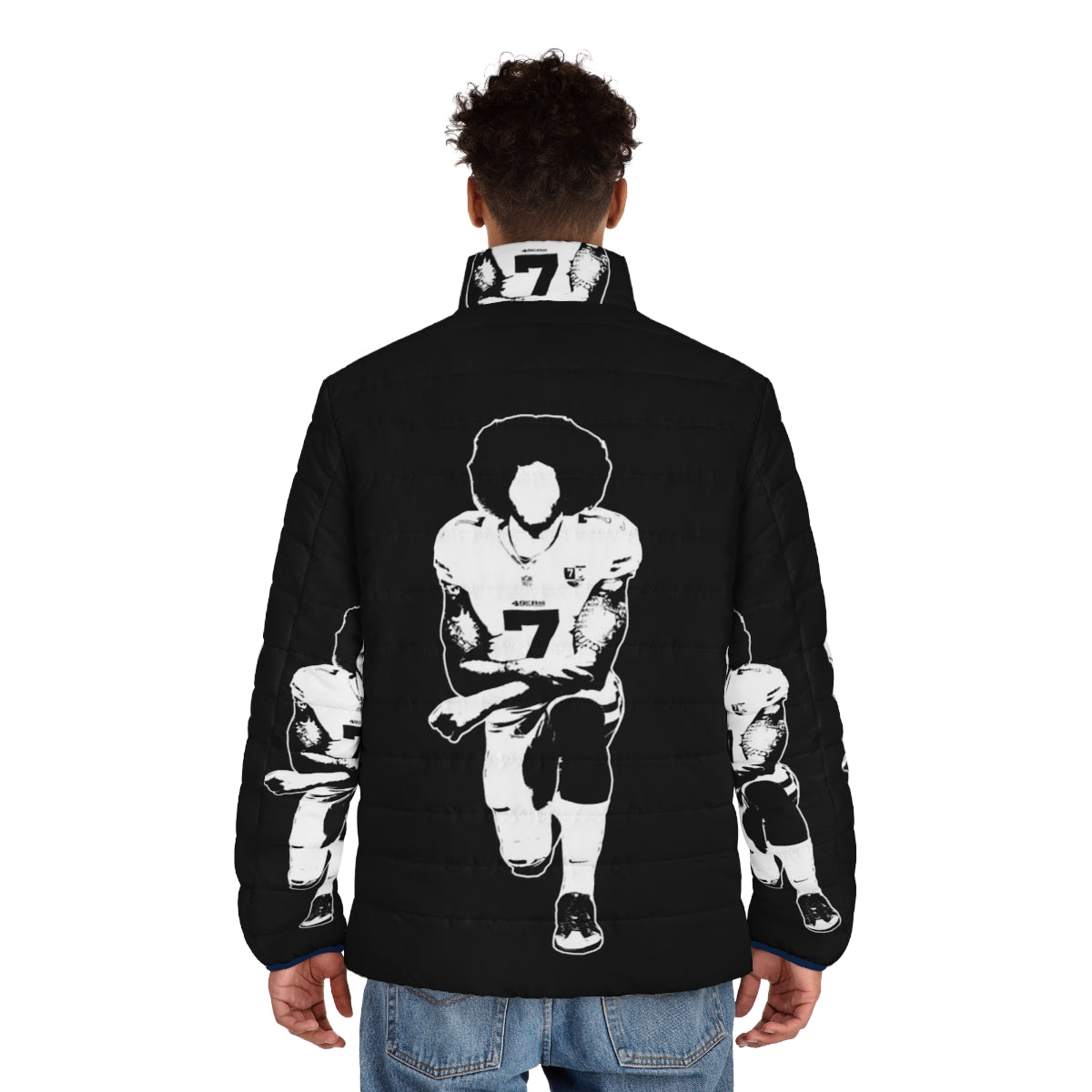 "I M With Kap" puffer jacket with Kaepernick and NFL protest design - men back