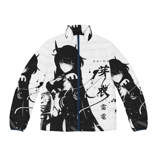 A stylish puffer jacket featuring the lightning-wielding Herrscher of Thunder, Raiden Mei, from the game Honkai Impact 3rd.