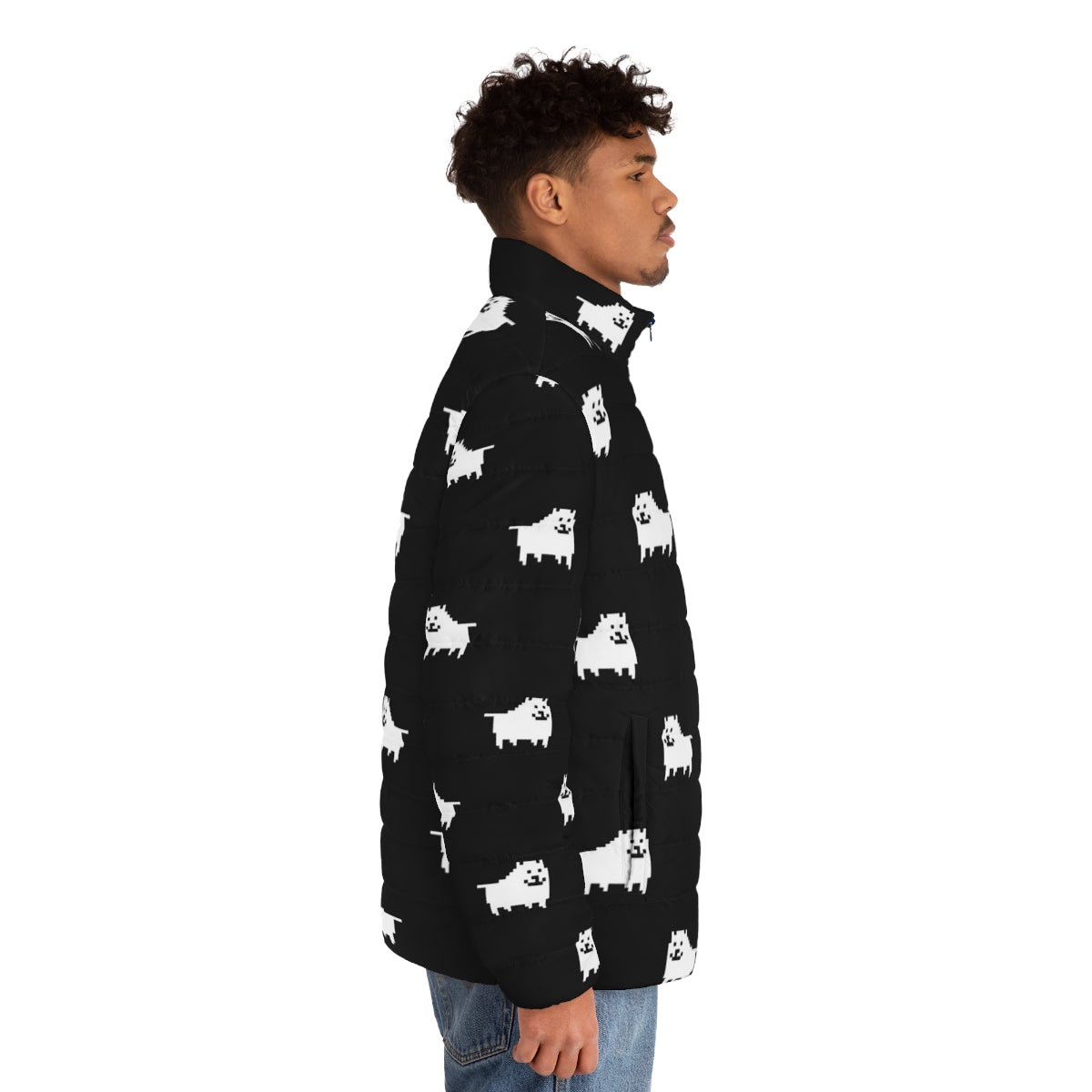 Undertale Annoying Dog Black Puffer Jacket featuring pixel art design - men side right