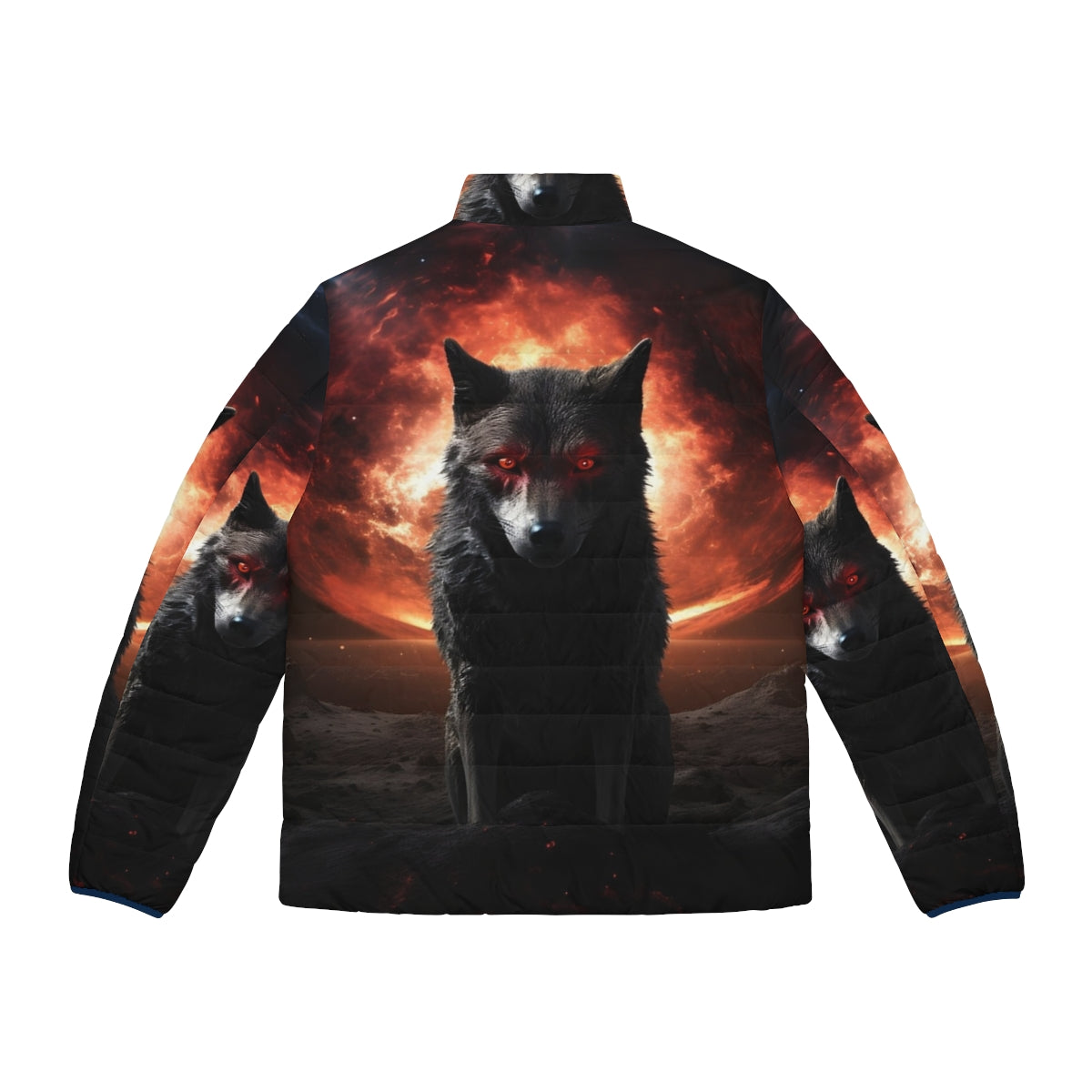 Satanic dog puffer jacket with a spooky, horror-themed design - Back