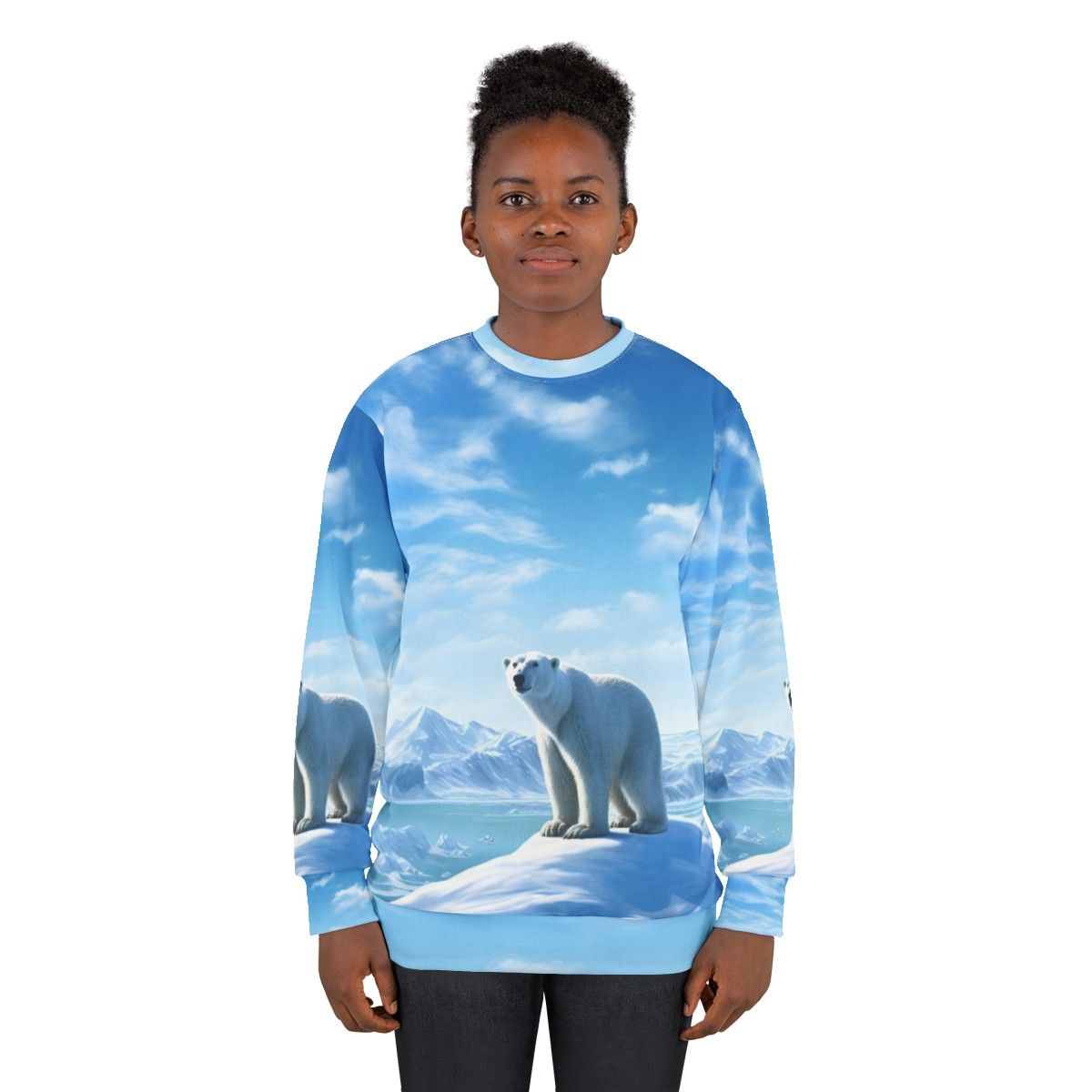 Polar bear in an arctic landscape printed on a gray sweatshirt - women