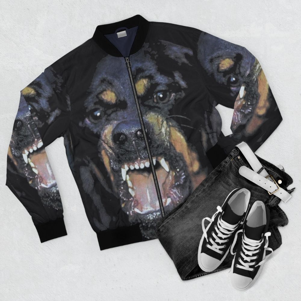 Rottweiler Bomber Jacket with Dog Silhouette Design - Flat lay