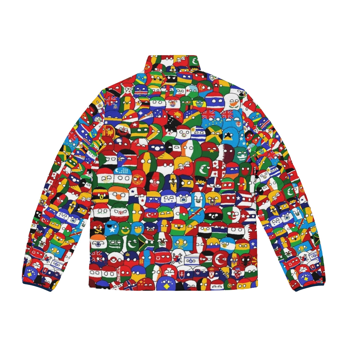 Puffer jacket with colorful countryball designs representing the globe and world countries - Back