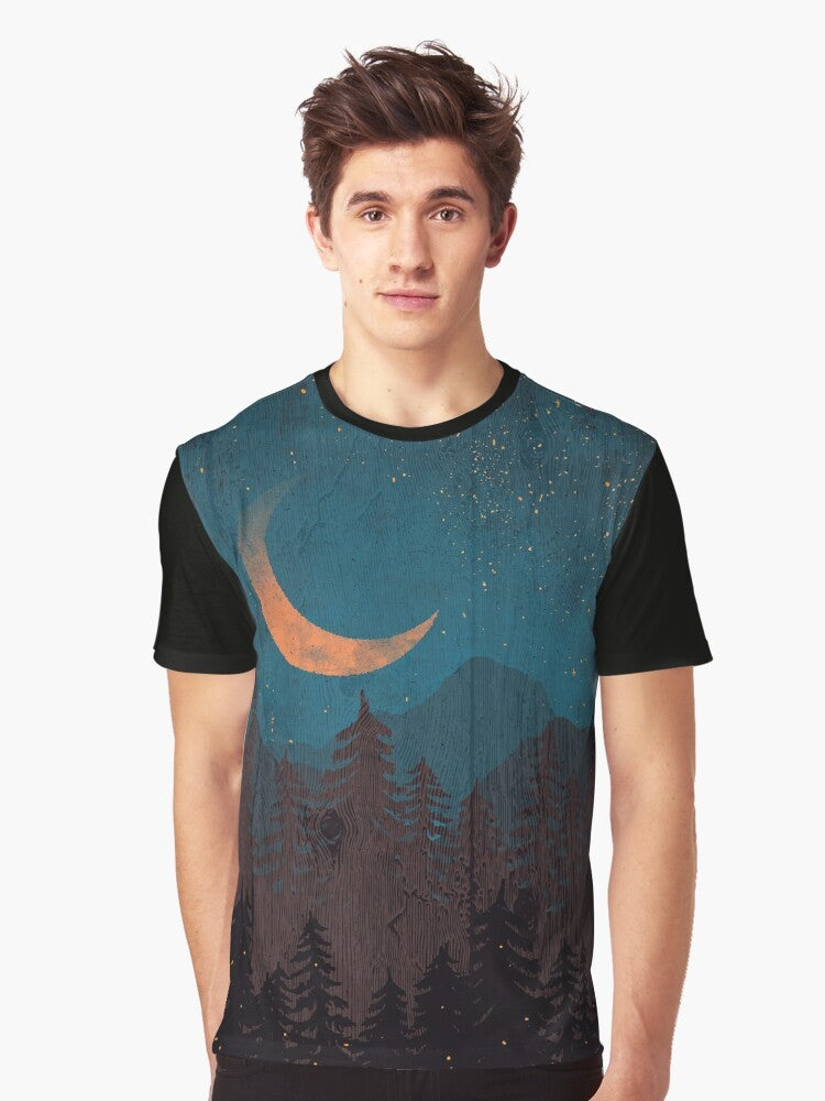 Graphic t-shirt featuring a landscape with a moon, stars, lightning, and fireflies in a forest setting - Men