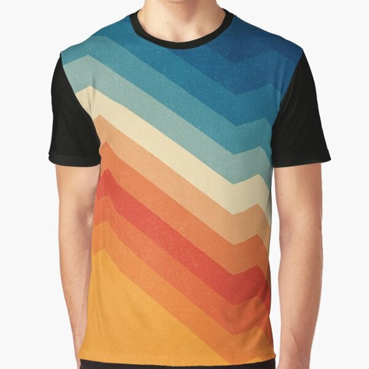 A vibrant, geometric abstract design with bright colors and angular patterns on a t-shirt