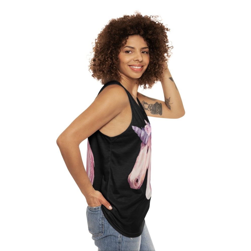 Watercolor pink unicorn unisex tank top - women side